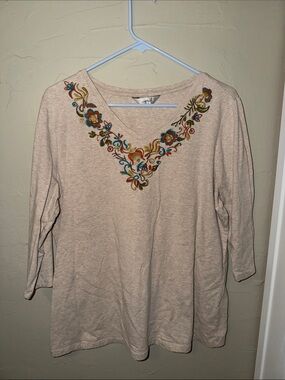CJ Banks Embroidered V-Neck Long Sleeve Top - Cream